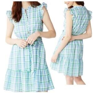 DRAPER JAMES Green Plaid Gingham Belted Dress Flutter Sleeve Spring Small Ac19